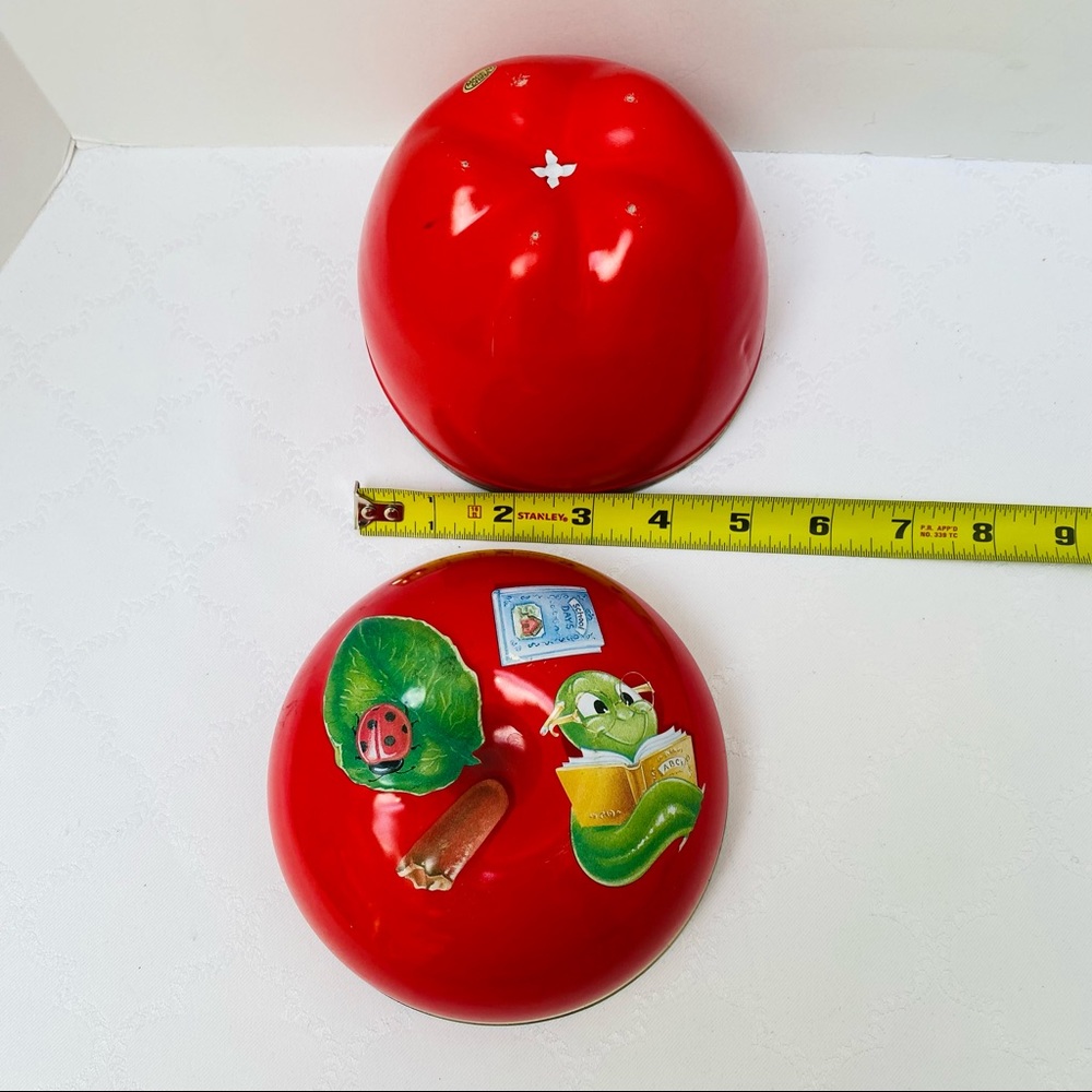 Vintage Apple Metal Tin 5” Red Apple Storage Tin /Decoration with Reading Worm. - Picture 10 of 10